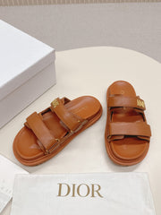 DIOR CLASSIC DOUBLE-STRAP SLIDES 25S IN BROWN CALFSKIN