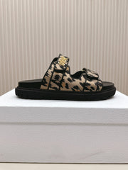 DIOR CLASSIC DOUBLE-STRAP SLIDES 25S IN BROWN MIX BLACK FABRIC AND CALFSKIN WITH LEOPARD PRINT