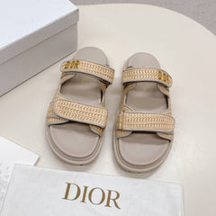 DIOR CLASSIC DOUBLE-STRAP SLIDES 25S IN BEIGE RAFFIA AND TAUPE BEIGE CALFSKIN