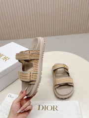 DIOR CLASSIC DOUBLE-STRAP SLIDES 25S IN BEIGE RAFFIA AND TAUPE BEIGE CALFSKIN