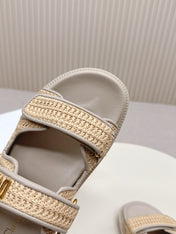 DIOR CLASSIC DOUBLE-STRAP SLIDES 25S IN BEIGE RAFFIA AND TAUPE BEIGE CALFSKIN