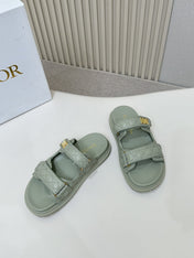 DIOR CLASSIC DOUBLE-STRAP SLIDES 25S IN PALE TEAL GRAY CALFSKIN