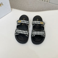 DIOR CLASSIC DOUBLE-STRAP SLIDES 25S IN WHITE MIX BLACK TWEED AND CALFSKIN