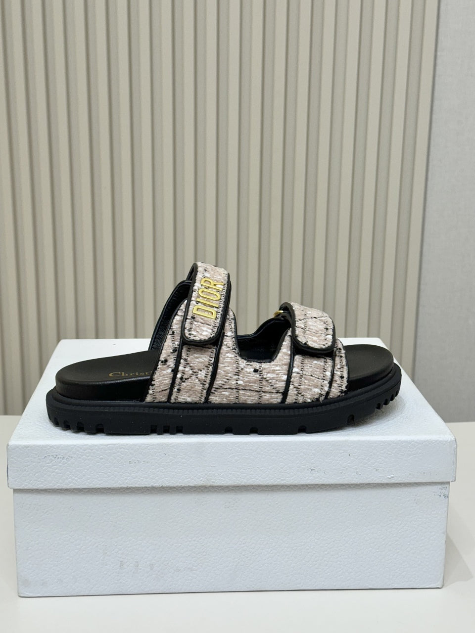 DIOR CLASSIC DOUBLE-STRAP SLIDES 25S IN SOFT ROSE BEIGE TWEED AND BLACK CALFSKIN