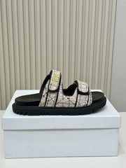 DIOR CLASSIC DOUBLE-STRAP SLIDES 25S IN SOFT ROSE BEIGE TWEED AND BLACK CALFSKIN