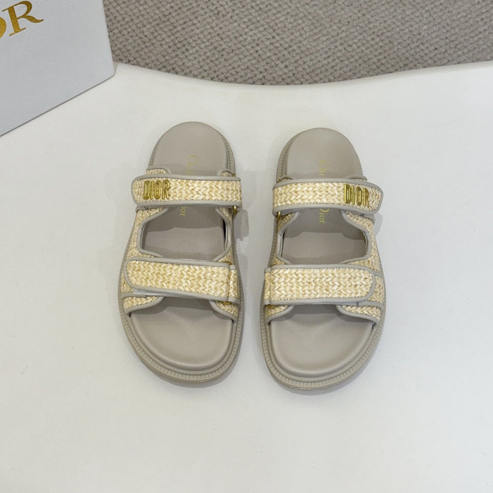 DIOR CLASSIC DOUBLE-STRAP SLIDES 25S IN BEIGE RAFFIA AND GREY CALFSKIN