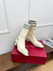 BELLE VIVIER SOCK LACQUERED BUCKLE ANKLE BOOTS IN OFF WHITE CALFSKIN AND TECHNICAL FABRIC