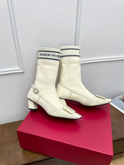 BELLE VIVIER SOCK LACQUERED BUCKLE ANKLE BOOTS IN OFF WHITE CALFSKIN AND TECHNICAL FABRIC