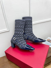 BELLE VIVIER SOCK LACQUERED BUCKLE ANKLE BOOTS IN NAVY BLUE CALFSKIN AND TECHNICAL FABRIC
