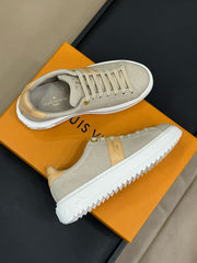 LV TIME OUT SNEAKER IN PASTEL GRAY MIX MACAROON GOLD CANVAS