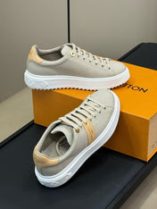 LV TIME OUT SNEAKER IN PASTEL GRAY MIX MACAROON GOLD CANVAS