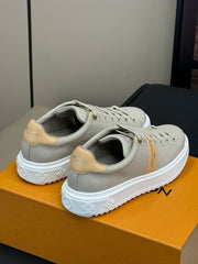 LV TIME OUT SNEAKER IN PASTEL GRAY MIX MACAROON GOLD CANVAS