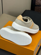 LV TIME OUT SNEAKER IN PASTEL GRAY MIX MACAROON GOLD CANVAS