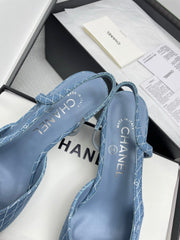 CC SLINGBACK 25S 65 MM IN BLUE DENIM WITH PLAID PATTERN