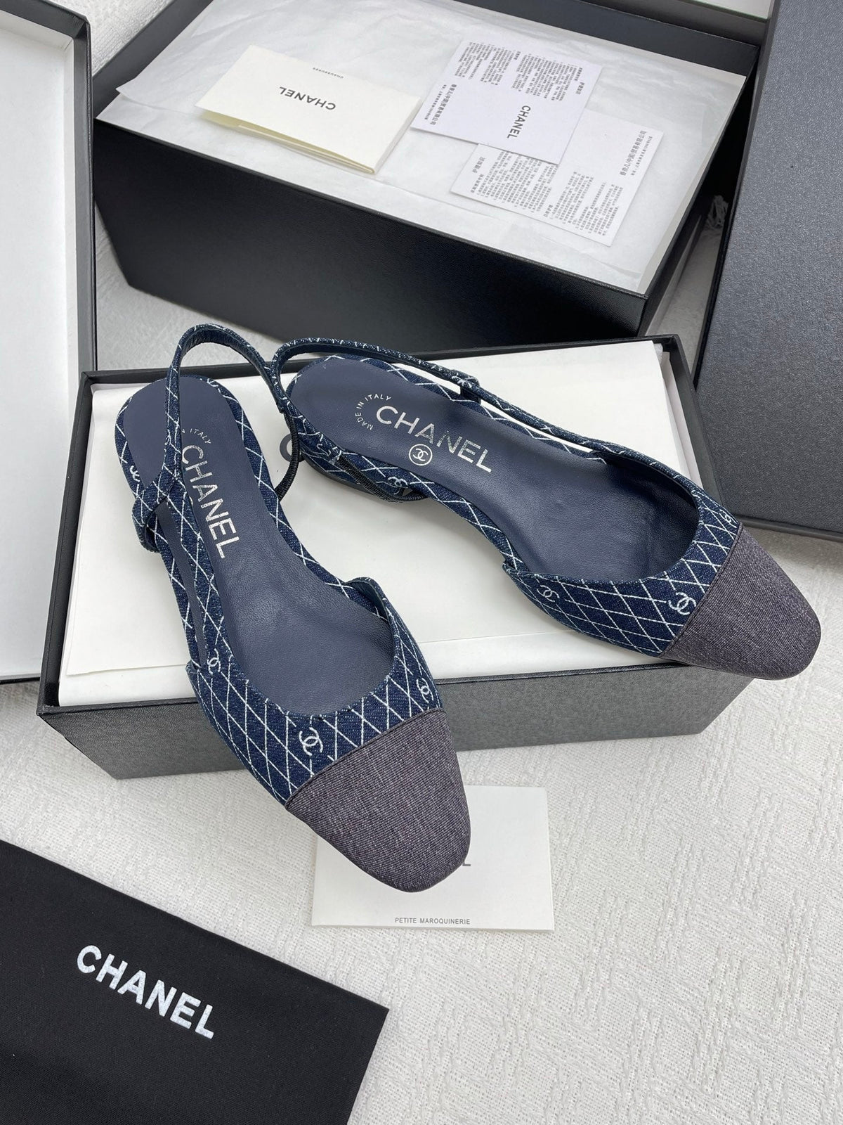 CC SLINGBACK 25S 25 MM IN NAVY BLUE DENIM WITH PLAID PATTERN