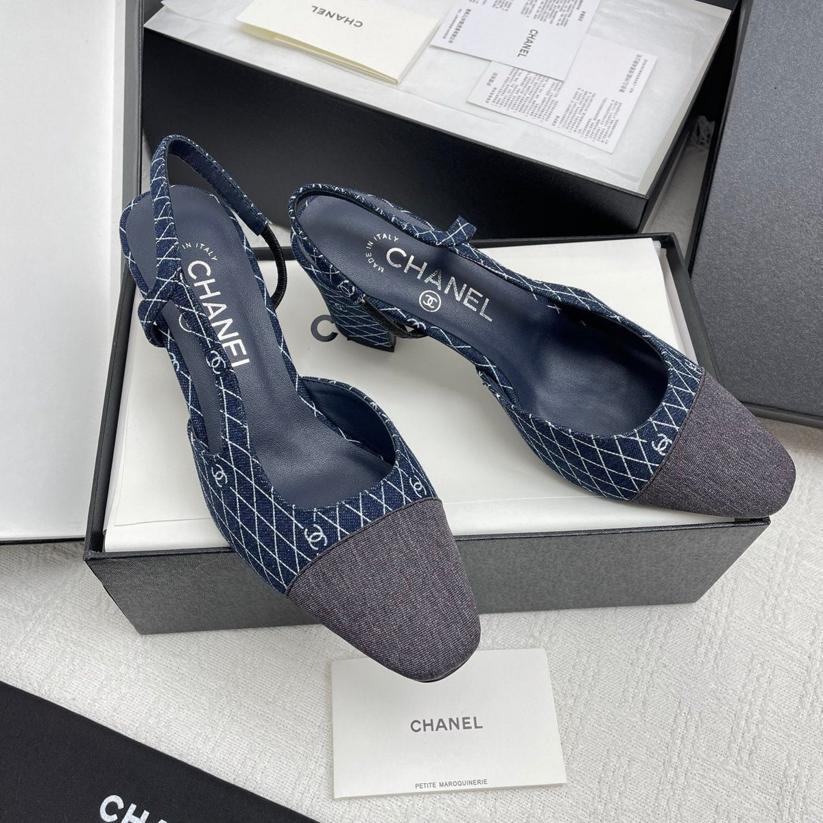 CC SLINGBACK 25S 65 MM IN NAVY BLUE DENIM WITH PLAID PATTERN