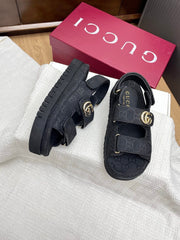 GG CLASSIC SANDALS 25S IN BLACK FABRIC WITH GOLD HARDWARE