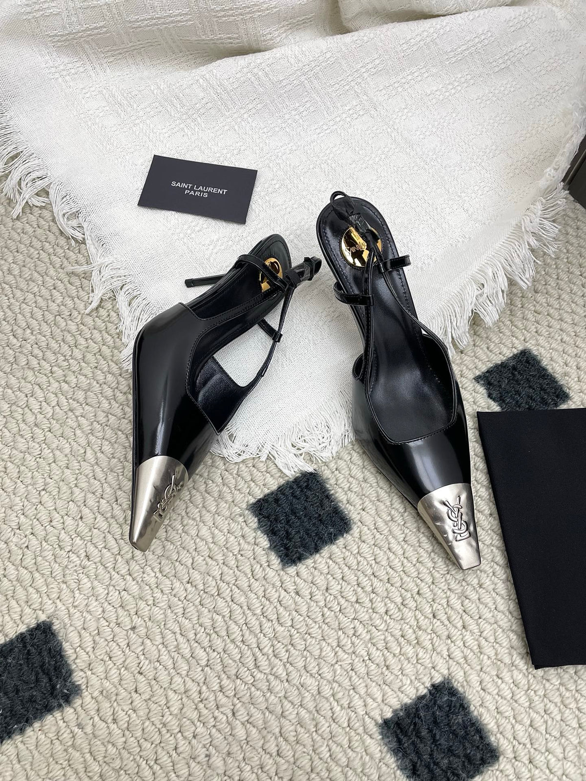 YSL 25S HIGH-HEEL SLINGBACKS 65 MM IN BLACK LAMBSKIN AND SILVER HARDWARE