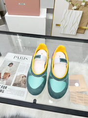 GYMNASIUM BALLERINAS IN GREEN PINK YELLOW TECHNICAL FABRIC AND SUEDE