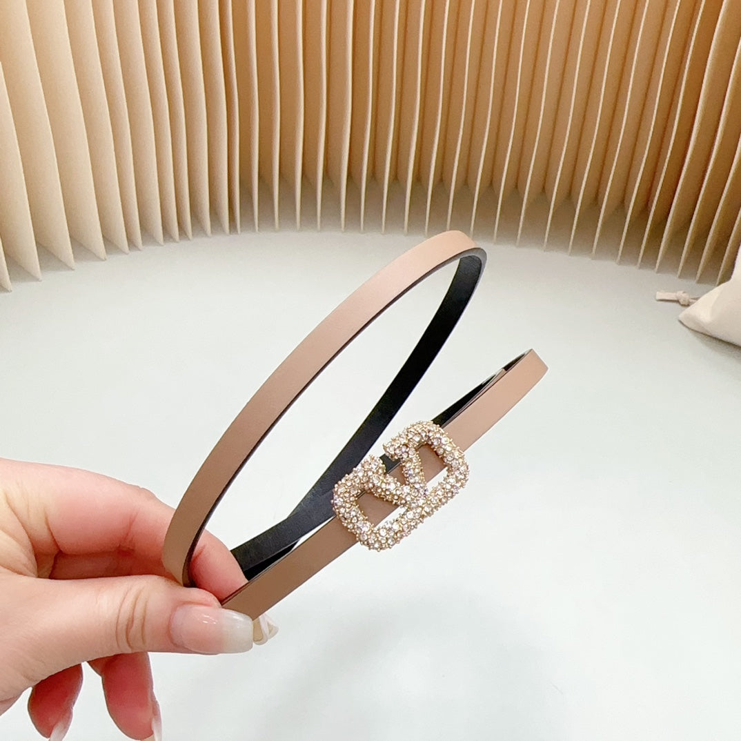 VL Belt 8mm Buckle Gold Diamond Leather Beige Black