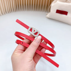 VL Belt 8mm Buckle Silver Diamond Leather Red