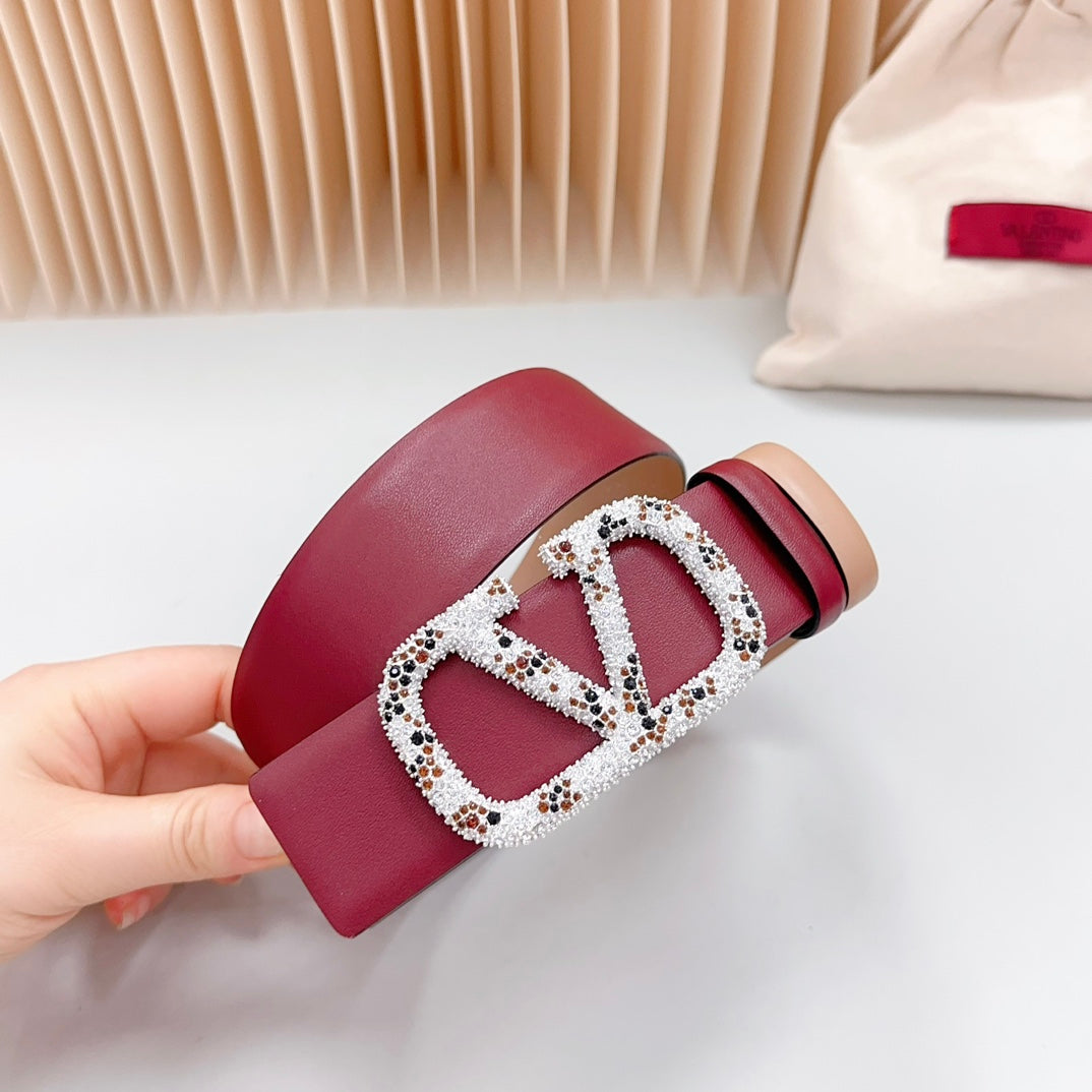 Vlogo Brown Black White Stone Silver Buckle Belt 40mm Wine Beige Leather