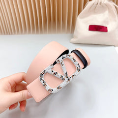 Vlogo Brown Black White Stone Silver Buckle Belt 40mm Black Light Pink Leather