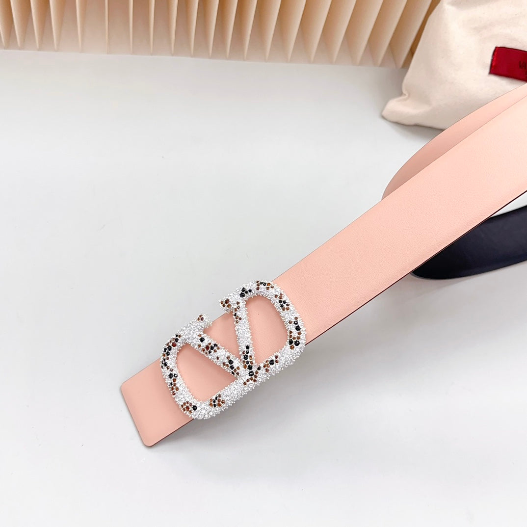 Vlogo Brown Black White Stone Silver Buckle Belt 40mm Black Light Pink Leather