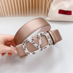 Vlogo Brown Black White Stone Silver Buckle Belt 40mm Brown Light Pink Leather