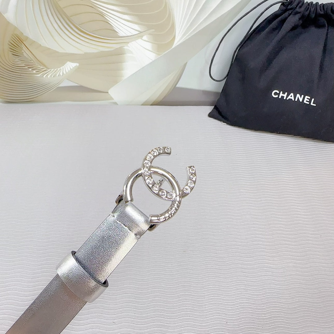 CC BELT 20 MM IN SILVER SMOOTH CALFSKIN SILVER HARDWARE ATTACH RHINSTONE