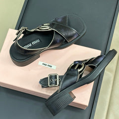 Sandals Black Retro Sheepskin With Cross - Straps