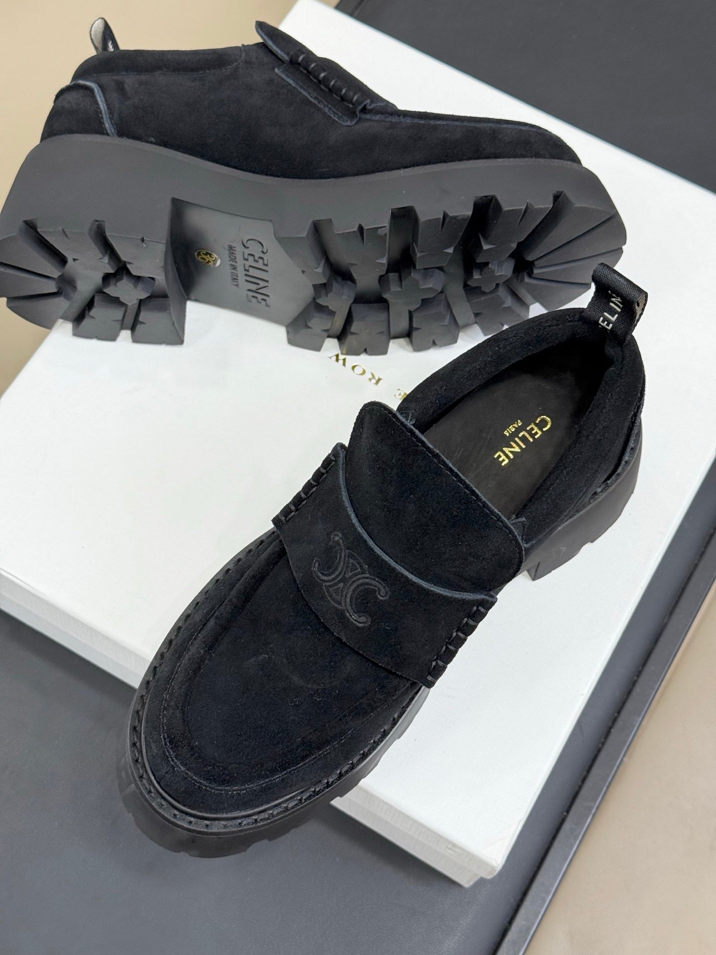 CELINE 25S SERIN CHUNKY LOAFERS 50MM IN BLACK SUEDE