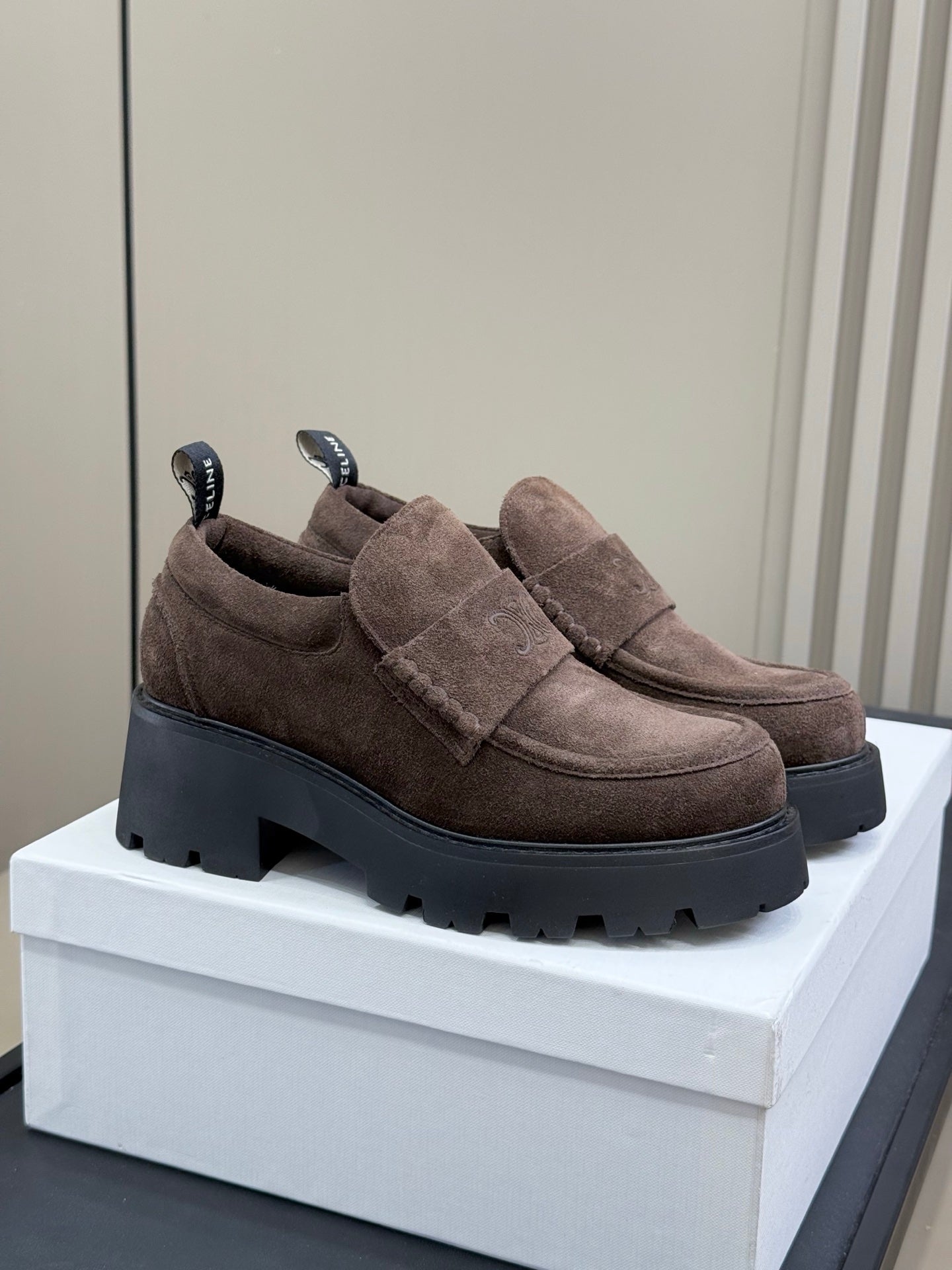 CELINE 25S SERIN CHUNKY LOAFERS 50MM IN BROWN SUEDE