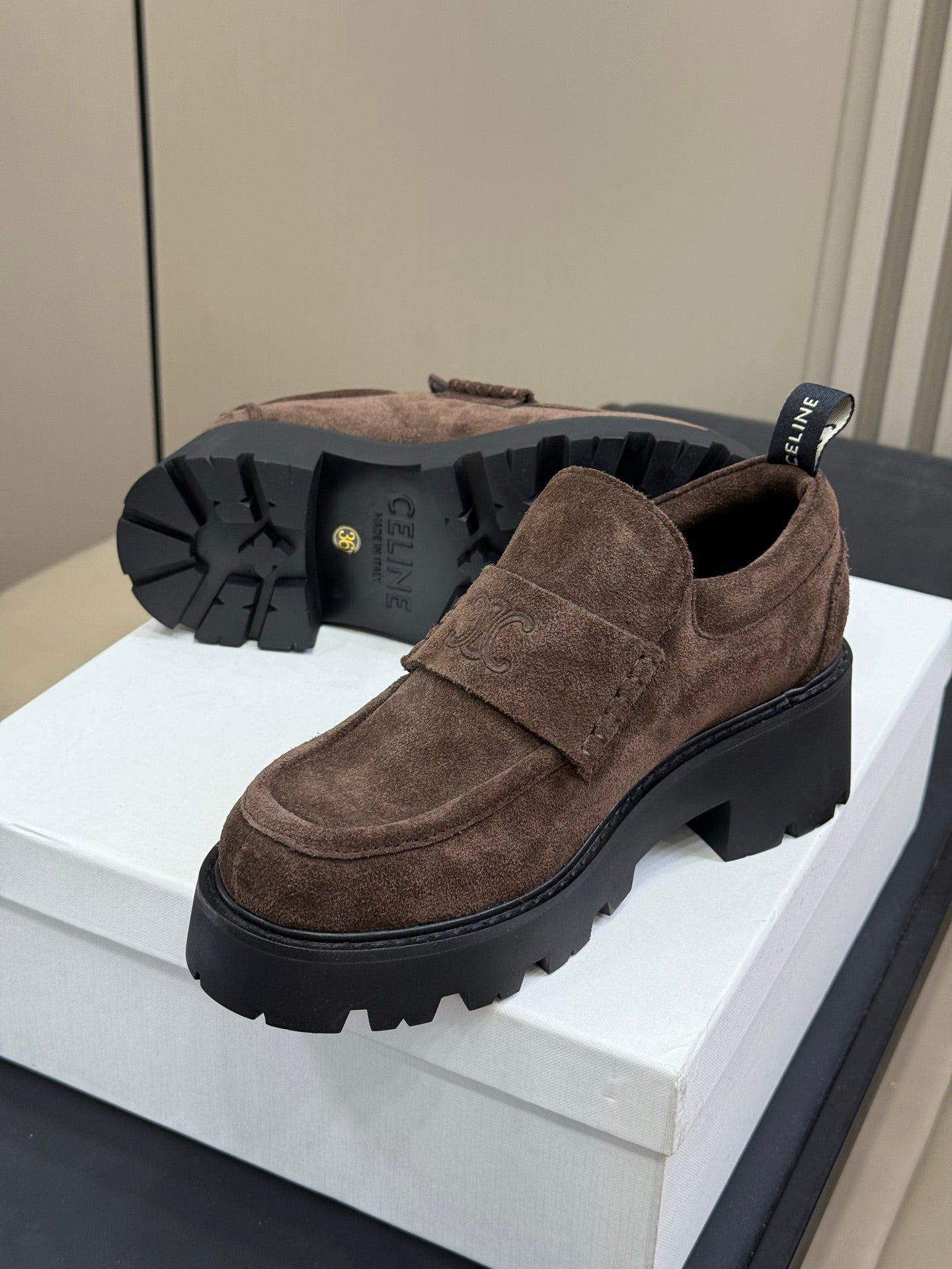 CELINE 25S SERIN CHUNKY LOAFERS 50MM IN BROWN SUEDE