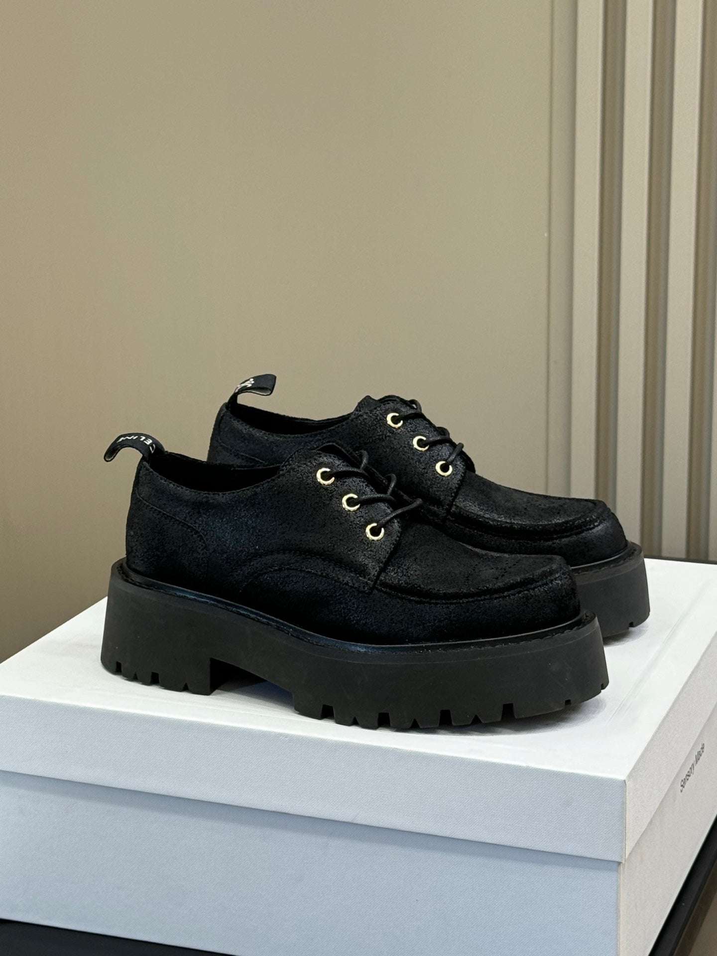 CELINE 25S THICK SOLED LOAFERS IN BLACK CALFSKIN SUEDE