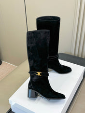 CELINE 26S HIGH-TOP BOOTS IN BLACK SUEDE WITH GOLD HARDWARE