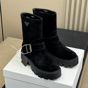 PRADA 25S PLATFORM ANKLE BOOTS IN BLACK SUEDE WITH SILVER HARDWARE
