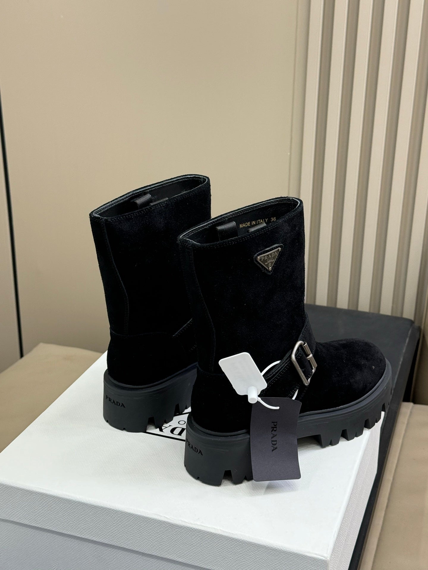 PRADA 25S PLATFORM ANKLE BOOTS IN BLACK SUEDE WITH SILVER HARDWARE