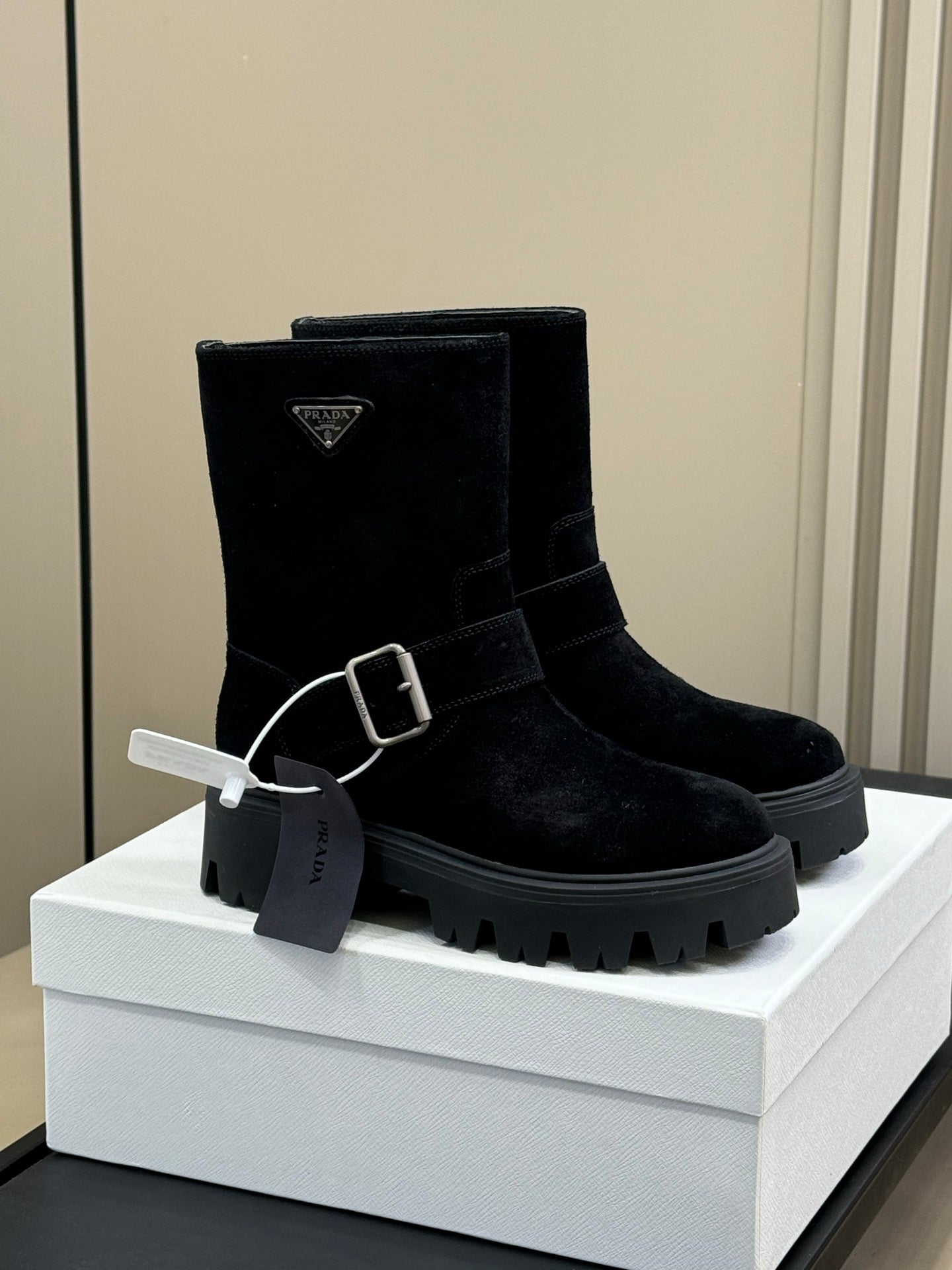 PRADA 25S PLATFORM ANKLE BOOTS IN BLACK SUEDE WITH SILVER HARDWARE