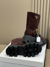 PRADA 25S PLATFORM ANKLE BOOTS IN DARK BROWN SUEDE WITH GOLD HARDWARE