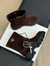 PRADA 25S PLATFORM ANKLE BOOTS IN DARK BROWN SUEDE WITH GOLD HARDWARE
