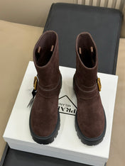 PRADA 25S PLATFORM ANKLE BOOTS IN DARK BROWN SUEDE WITH GOLD HARDWARE