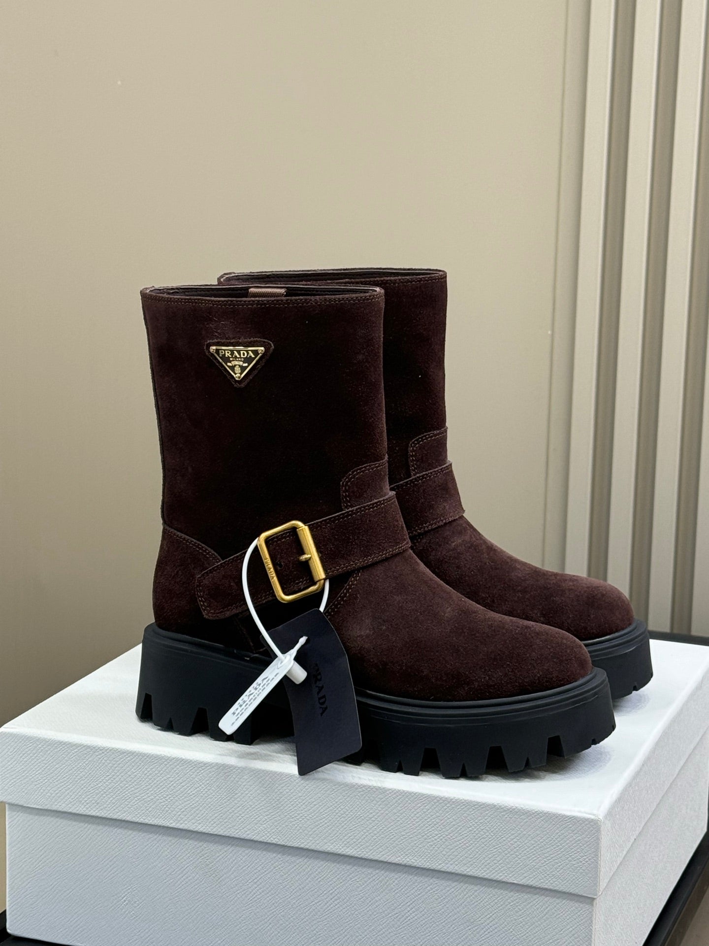 PRADA 25S PLATFORM ANKLE BOOTS IN DARK BROWN SUEDE WITH GOLD HARDWARE