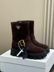 PRADA 25S PLATFORM ANKLE BOOTS IN DARK BROWN SUEDE WITH GOLD HARDWARE