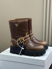 PRADA 25S PLATFORM ANKLE BOOTS IN DARK BROWN CALFSKIN WITH GOLD HARDWARE