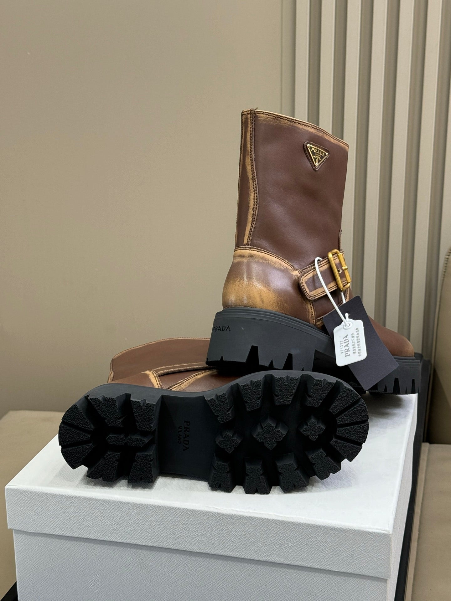 PRADA 25S PLATFORM ANKLE BOOTS IN DARK BROWN CALFSKIN WITH GOLD HARDWARE