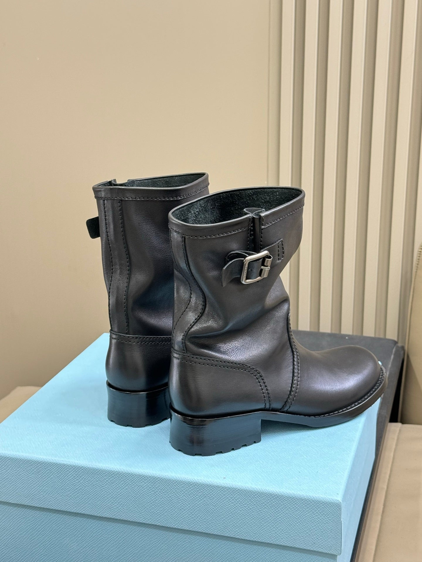 PRADA 25S ANKLE BOOTS IN DARK BLACK BROWN CALFSKIN