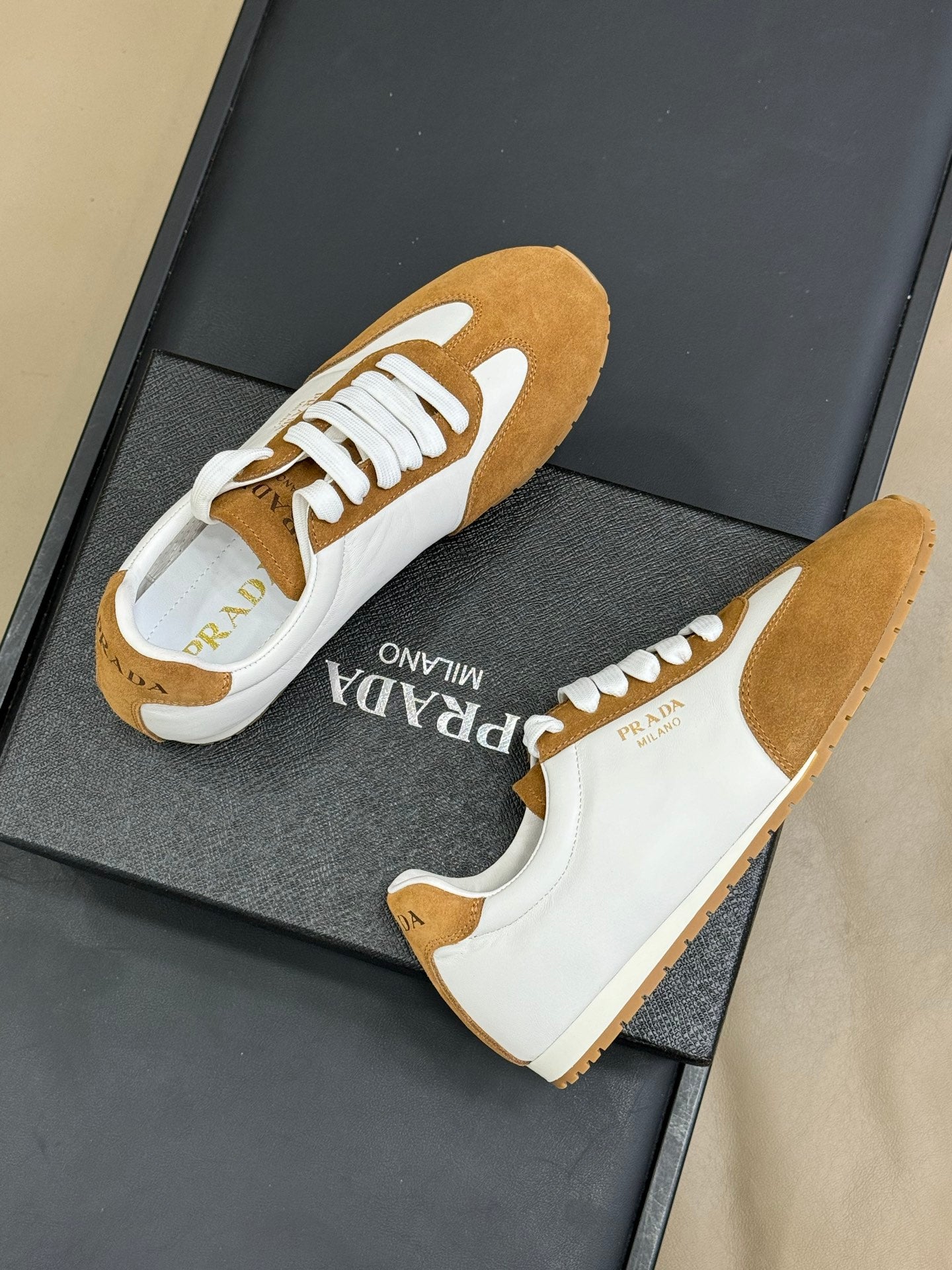 PRADA 25S SNEAKER IN WHITE MIX CAMEL BROWN SUEDE STYLE 4