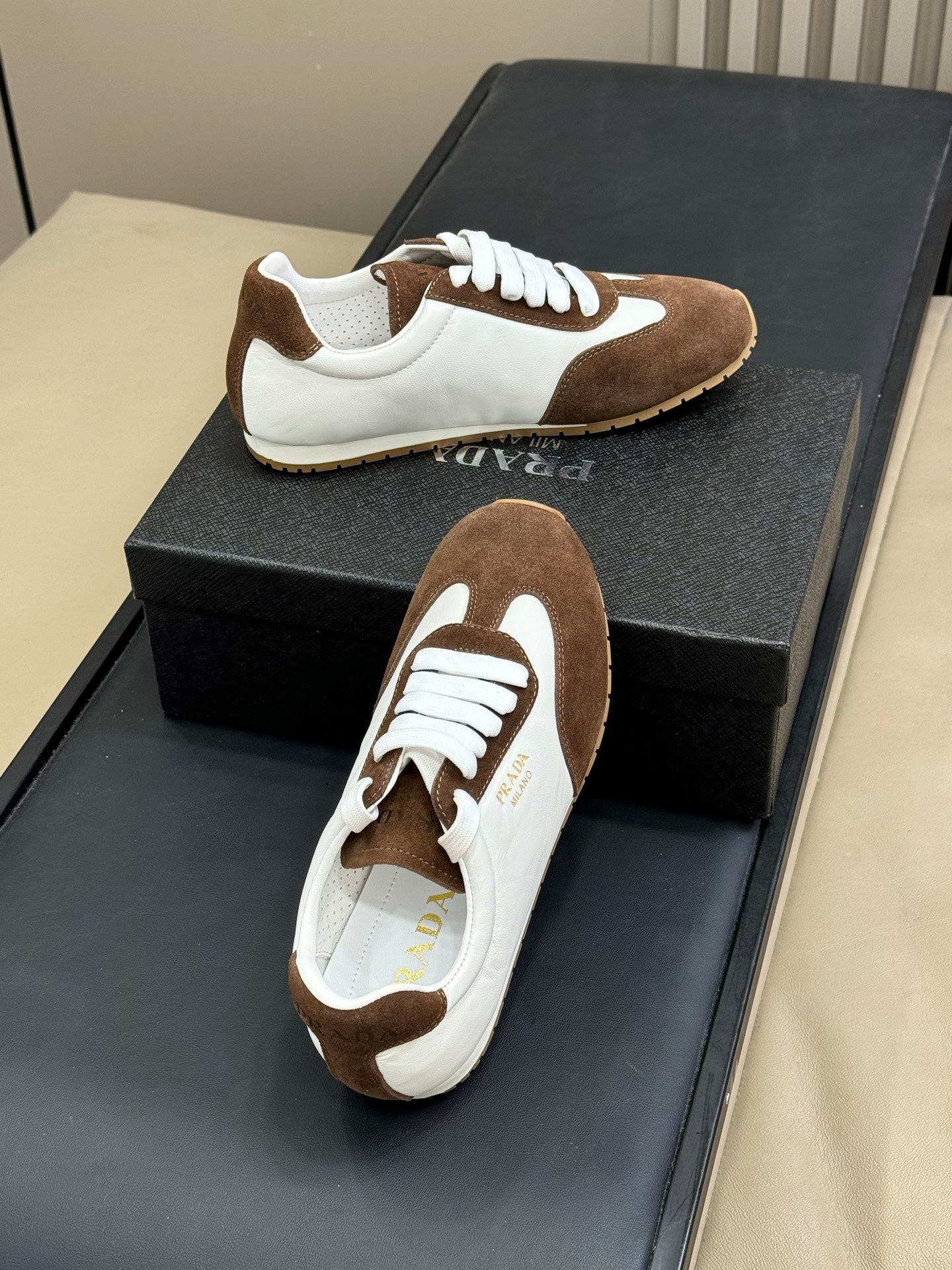 PRADA 25S SNEAKER IN WHITE MIX BROWN SUEDE STYLE 1