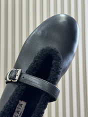ALAIA 25S MARY JANE SHEARLING FLATS IN BLACK CALFSKIN